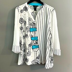 Ali Miles White Black Floral & Stripe Jacket with Turquoise Accents